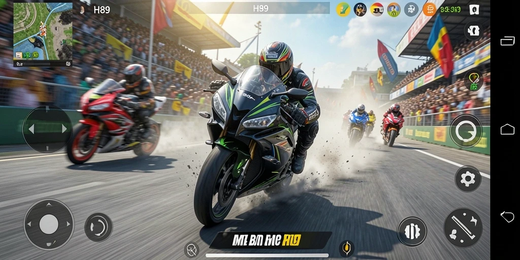 Tampilan gameplay menegangkan balapan motor di H89.
