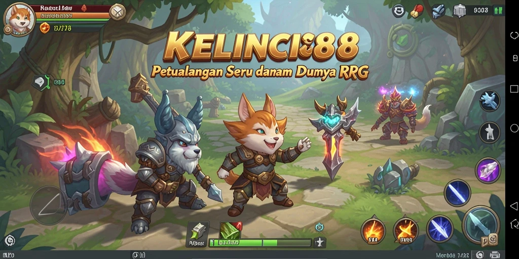 Tangkapan layar menunjukkan aksi seru dalam KELINCI88 dengan karakter yang bertarung melawan monster.